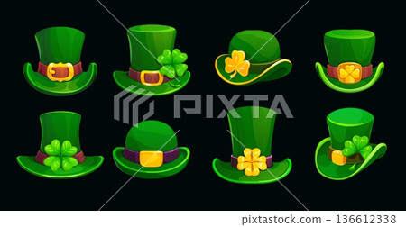 Cartoon green leprechaun hats. Vector set of cylinder caps and bowlers symbolize Irish culture, luck, and St Patrick Day holiday celebrations. Festive green top hats with gold buckles and shamrocks 136612338