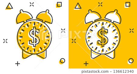 Time is money icon in comic style. Clock with dollar cartoon vector illustration on white isolated background. Currency splash effect business concept. Time is money icon in comic style. Clock with dollar cartoon vector illustration on white isolated background. Currency splash effect business concept. 136612340