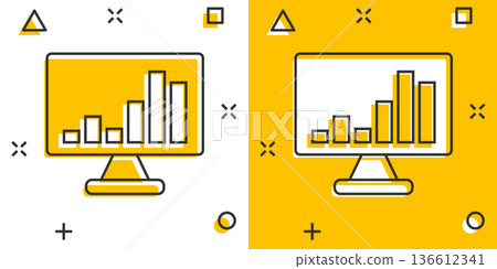 Website analytics icon in comic style. SEO data cartoon vector illustration on white isolated background. Computer diagram splash effect business concept. 136612341