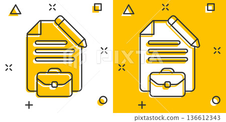 Document note with pen icon in comic style. Paper sheet pencil and briefcase cartoon vector illustration on white background. Notepad document splash effect business concept. 136612343