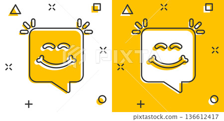 Happy sms icon in comic style. Message speech bubble cartoon vector illustration on white isolated background. Envelope splash effect business concept. Happy sms icon in comic style. Message speech bubble cartoon vector illustration on white isolated background. Envelope splash effect business concept. 136612417