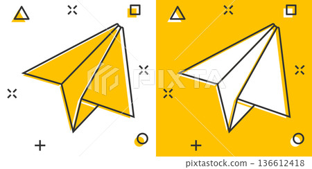Paper plane icon in comic style. Sent message cartoon vector illustration on white isolated background. Air sms splash effect business concept. 136612418