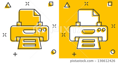 Office printer icon in comic style. Fax cartoon vector illustration on white isolated background. Text printout splash effect business concept. Office printer icon in comic style. Fax cartoon vector illustration on white isolated background. Text printout splash effect business concept. 136612426