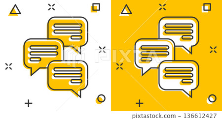Speak chat sign icon in comic style. Speech bubbles cartoon vector illustration on white isolated background. Team discussion button splash effect business concept. 136612427