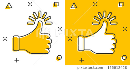 Thumb up icon in comic style. Like gesture cartoon vector illustration on white isolated background. Approval mark splash effect business concept. 136612428