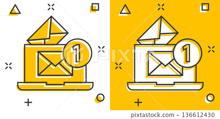 Laptop with email icon in comic style. Mail notification cartoon vector illustration on white isolated background. Envelope with message splash effect business concept. Laptop with email icon in comic style. Mail notification cartoon vector illustration on white isolated background. Envelope with message splash effect business concept. 136612430
