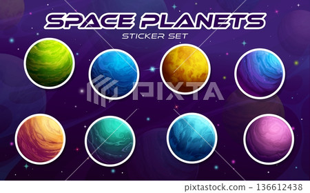 Cartoon space planets and galaxy stars vector stickers. Vibrant round green Earth, blue Neptune, orange Mars, and purple Jupiter. Cute vector icons for school projects, and space games 136612438