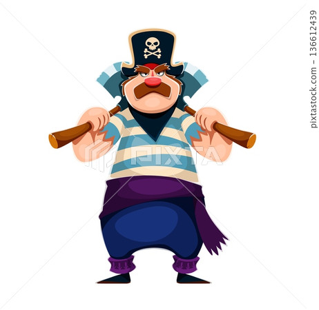 Cartoon pirate warrior character dressed in a striped shirt, blue trousers and purple sash. Corsair carrying two heavy wooden axes on shoulders. Cartoon bandit personage for kids game and birthday 136612439