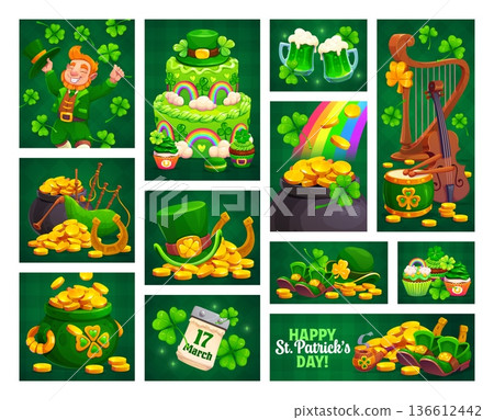 St Patrick's day holiday collage or banners. Saint Patrick day celebration, Ireland holiday greeting card or banner with golden coins, cake, musical instruments and leprechaun hat, shoes, smoking pipe St Patrick's day holiday collage or banners. Saint Patrick day celebration, Ireland holiday greeting card or banner with golden coins, cake, musical instruments and leprechaun hat, shoes, smoking pipe 136612442