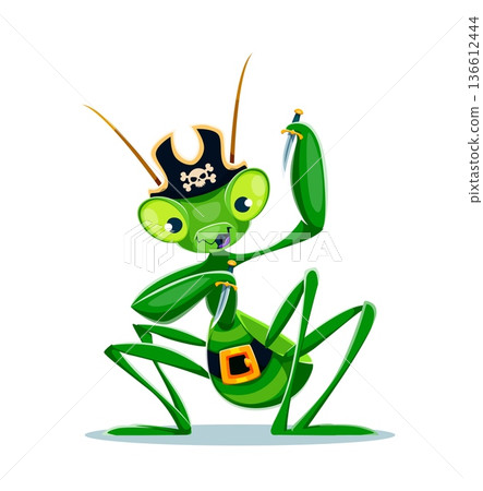 Cartoon green mantis pirate vector character with long legs and expressive eyes. Vector warrior insect dresses with tricorn black hat and holds sharp daggers. Mascot or tattoo corsair mantis character Cartoon green mantis pirate vector character with long legs and expressive eyes. Vector warrior insect dresses with tricorn black hat and holds sharp daggers. Mascot or tattoo corsair mantis character 136612444