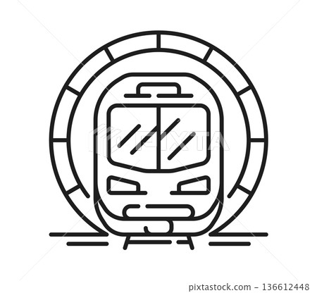 Subway train locomotive, transportation railway line icon or pictogram. Passenger transportation locomotive sign, transport vector symbol. Railway industry icon with high speed train in tunnel 136612448
