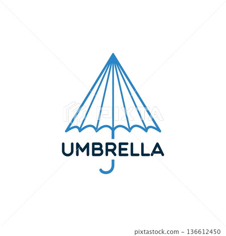 Umbrella icon with linear parasol and modern typography. Vector symbol representing rain protection, safety, insurance. Blue umbrella canopy with handle, isolated corporate mark for business identity Umbrella icon with linear parasol and modern typography. Vector symbol representing rain protection, safety, insurance. Blue umbrella canopy with handle, isolated corporate mark for business identity 136612450