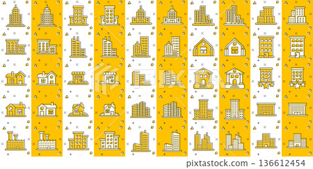 Building icon set in comic style. Town skyscraper apartment cartoon vector illustration on white isolated background. City tower splash effect business concept. Building icon set in comic style. Town skyscraper apartment cartoon vector illustration on white isolated background. City tower splash effect business concept. 136612454
