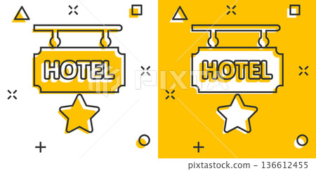 Hotel 1 star sign icon in comic style. Inn cartoon vector illustration on white isolated background. Hostel room information splash effect business concept. 136612455