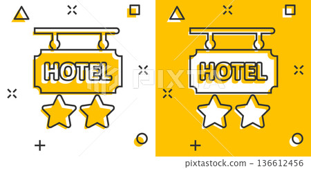 Hotel 2 stars sign icon in comic style. Inn cartoon vector illustration on white isolated background. Hostel room information splash effect business concept. Hotel 2 stars sign icon in comic style. Inn cartoon vector illustration on white isolated background. Hostel room information splash effect business concept. 136612456