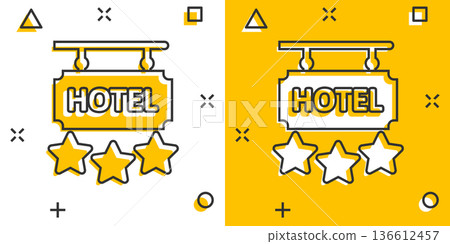 Hotel 3 stars sign icon in comic style. Inn cartoon vector illustration on white isolated background. Hostel room information splash effect business concept. 136612457