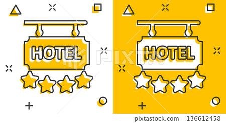 Hotel 4 stars sign icon in comic style. Inn cartoon vector illustration on white isolated background. Hostel room information splash effect business concept. 136612458