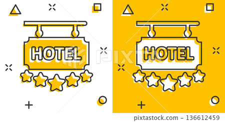 Hotel 5 stars sign icon in comic style. Inn cartoon vector illustration on white isolated background. Hostel room information splash effect business concept. 136612459