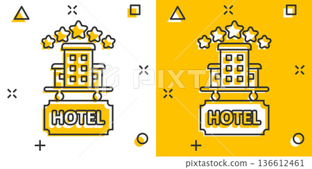 Hotel 3 stars sign icon in comic style. Inn building cartoon vector illustration on white isolated background. Hostel room splash effect business concept. 136612461