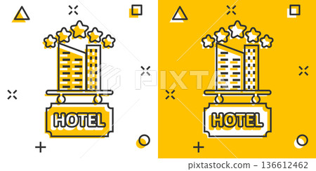 Hotel 3 stars sign icon in comic style. Inn building cartoon vector illustration on white isolated background. Hostel room splash effect business concept. Hotel 3 stars sign icon in comic style. Inn building cartoon vector illustration on white isolated background. Hostel room splash effect business concept. 136612462