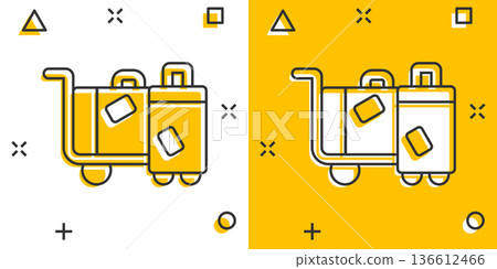Travel bag icon in comic style. Luggage cartoon vector illustration on white isolated background. Baggage splash effect business concept. Travel bag icon in comic style. Luggage cartoon vector illustration on white isolated background. Baggage splash effect business concept. 136612466