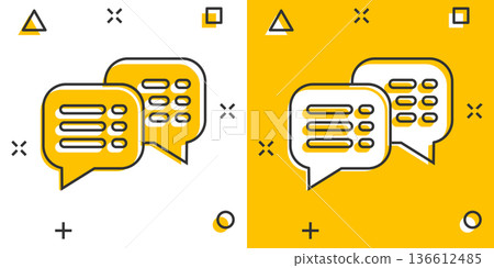 Speak chat sign icon in comic style. Speech bubbles cartoon vector illustration on white isolated background. Team discussion button splash effect business concept. 136612485