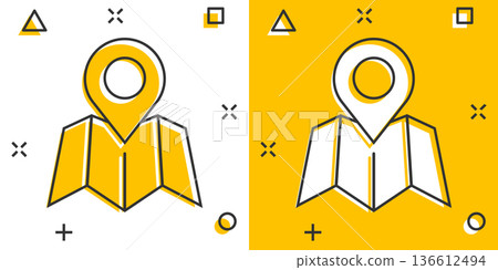 Map pin icon in comic style. Gps navigation cartoon vector illustration on white isolated background. Locate position splash effect business concept. Map pin icon in comic style. Gps navigation cartoon vector illustration on white isolated background. Locate position splash effect business concept. 136612494