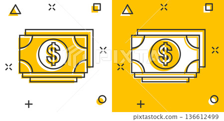 Dollar currency banknote icon in comic style. Dollar cash cartoon vector illustration on white isolated background. Banknote bill splash effect business concept. Dollar currency banknote icon in comic style. Dollar cash cartoon vector illustration on white isolated background. Banknote bill splash effect business concept. 136612499