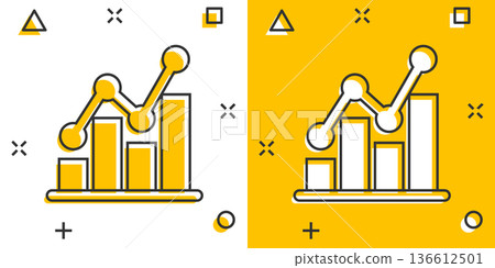 Chart graph icon in comic style. Arrow grow cartoon vector illustration on white isolated background. Analysis splash effect business concept. Chart graph icon in comic style. Arrow grow cartoon vector illustration on white isolated background. Analysis splash effect business concept. 136612501