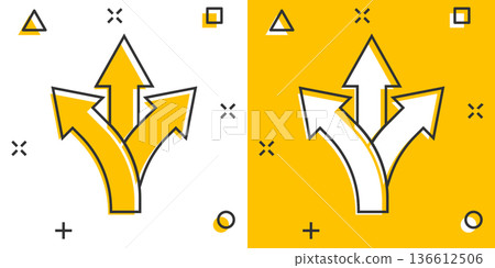 Crossroad icon in comic style. Road direction navigation cartoon vector illustration on white isolated background. Locate pin position splash effect business concept. Crossroad icon in comic style. Road direction navigation cartoon vector illustration on white isolated background. Locate pin position splash effect business concept. 136612506