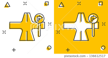 Crossroad icon in comic style. Road direction navigation cartoon vector illustration on white isolated background. Locate pin position splash effect business concept. Crossroad icon in comic style. Road direction navigation cartoon vector illustration on white isolated background. Locate pin position splash effect business concept. 136612517