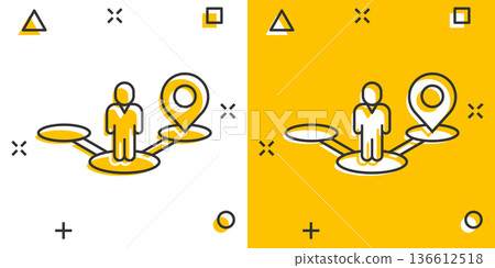 Map pin icon in comic style. Gps navigation cartoon vector illustration on white isolated background. Locate position splash effect business concept. Map pin icon in comic style. Gps navigation cartoon vector illustration on white isolated background. Locate position splash effect business concept. 136612518