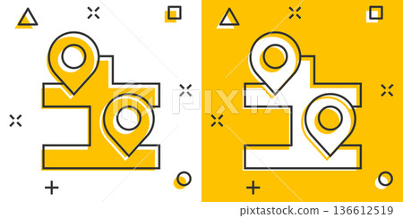 Map with magnifier icon in comic style. Gps navigation cartoon vector illustration on white isolated background. Locate position splash effect business concept. Map with magnifier icon in comic style. Gps navigation cartoon vector illustration on white isolated background. Locate position splash effect business concept. 136612519