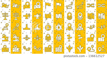 Navigation icon set in comic style. Gps direction cartoon vector illustration on white isolated background. Locate pin position splash effect business concept. Navigation icon set in comic style. Gps direction cartoon vector illustration on white isolated background. Locate pin position splash effect business concept. 136612527