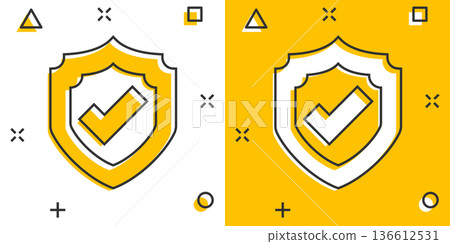 Shield with check mark icon in comic style. Protect cartoon vector illustration on white isolated background. Checkmark guard splash effect business concept. Shield with check mark icon in comic style. Protect cartoon vector illustration on white isolated background. Checkmark guard splash effect business concept. 136612531