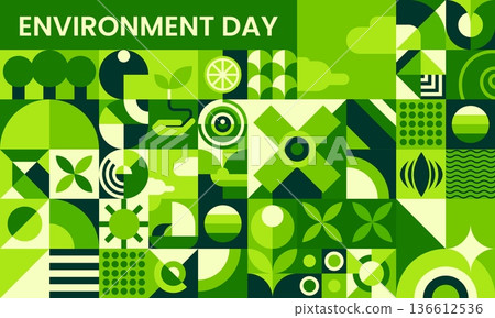 Environment day poster with geometric nature Bauhaus pattern. Nature protection abstract vector poster, environment day holiday banner. Ecology flyer or ecosystem saving card with Bauhaus green shapes 136612536