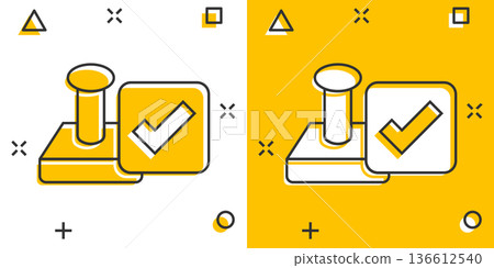 Approve stamp icon in comic style. Accept check mark cartoon vector illustration on white isolated background. Approval choice splash effect business concept. Approve stamp icon in comic style. Accept check mark cartoon vector illustration on white isolated background. Approval choice splash effect business concept. 136612540