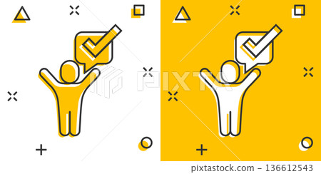 Organization management icon in comic style. People with check mark cartoon vector illustration on white isolated background. Businessman splash effect business concept. 136612543