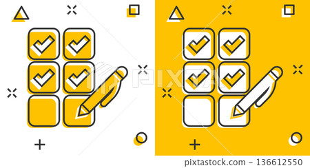 Checklist document icon in comic style. Survey cartoon vector illustration on white isolated background. Check mark choice splash effect business concept. Checklist document icon in comic style. Survey cartoon vector illustration on white isolated background. Check mark choice splash effect business concept. 136612550