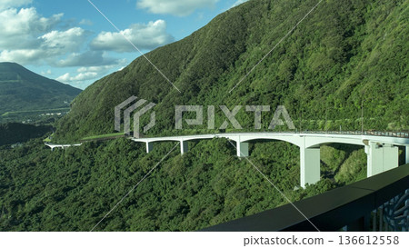 The white Osaka Bridge runs along the green mountainside of Hachijojima 136612558