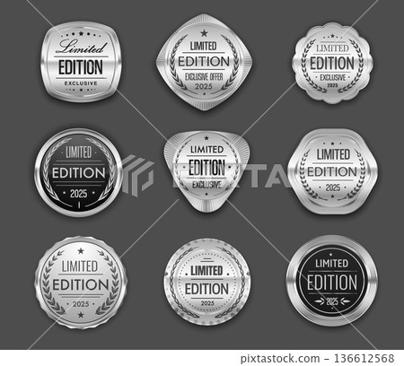 Limited edition silver award seals, badges and labels, medals with laurel wreaths. Vector set of limited edition badges with metallic texture, exclusive edition award seals for business advertising Limited edition silver award seals, badges and labels, medals with laurel wreaths. Vector set of limited edition badges with metallic texture, exclusive edition award seals for business advertising 136612568