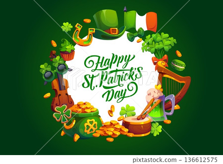 Happy St Patrick's day banner. Irish folk celebration vector flyer, Saint Patrick holiday poster with musical instruments, leprechaun hat, pot with golden coins, Ireland flag and shamrock clovers 136612575