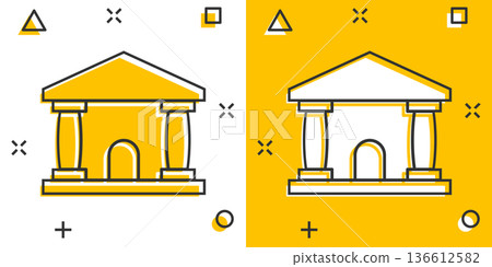 Bank building icon in comic style. Government architecture cartoon vector illustration on white background. Museum exterior splash effect business concept. Bank building icon in comic style. Government architecture cartoon vector illustration on white background. Museum exterior splash effect business concept. 136612582