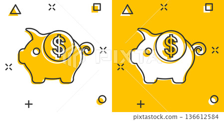 Money box icon in comic style. Pig container cartoon vector illustration on white isolated background. Piggy bank splash effect business concept. Money box icon in comic style. Pig container cartoon vector illustration on white isolated background. Piggy bank splash effect business concept. 136612584