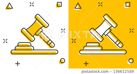 Auction hammer icon in comic style. Court sign cartoon vector illustration on white isolated background. Tribunal splash effect business concept. 136612589