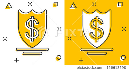 Shield with money icon in comic style. Cash protection cartoon vector illustration on white isolated background. Banking splash effect business concept. 136612598
