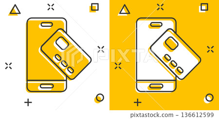 Smartphone paying icon in comic style. Nfc credit card cartoon vector illustration on white isolated background. Banking splash effect business concept. Smartphone paying icon in comic style. Nfc credit card cartoon vector illustration on white isolated background. Banking splash effect business concept. 136612599