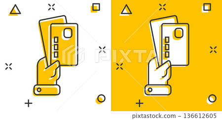 Credit card with hand icon in comic style. Payment cartoon vector illustration on white isolated background. Purchase splash effect business concept. 136612605