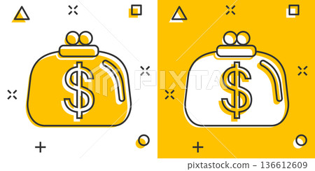 Wallet icon in comic style. Purse cartoon vector illustration on white isolated background. Finance bag splash effect business concept. 136612609