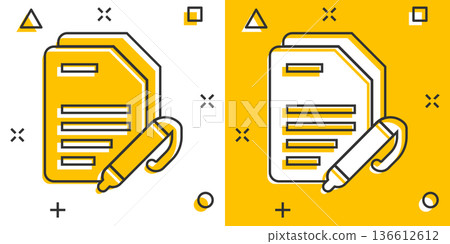 Blogging icon in comic style. Document with pen cartoon vector illustration on white isolated background. Content splash effect business concept. 136612612